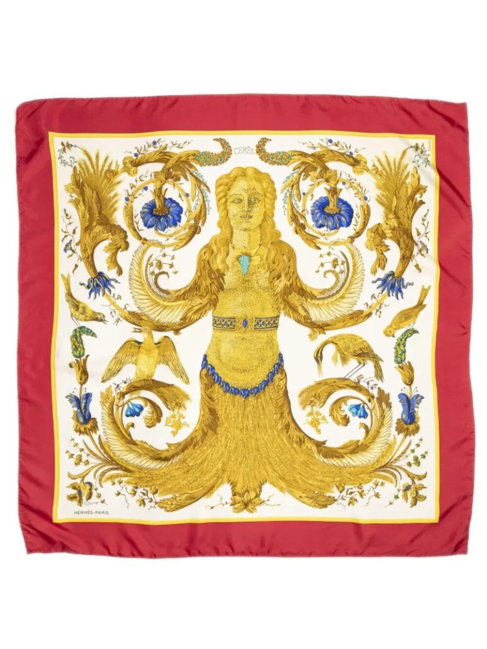 Hermes Scarf Red Yellow Ivory 100% Twill Silk
